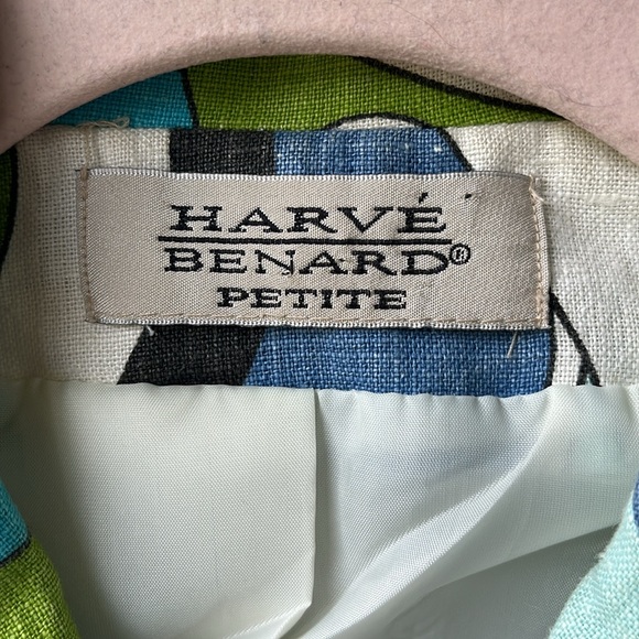 Vintage Linen Harve Benard Jacket Petite Geometric Pattern Blue Green Turquoise - Picture 2 of 8